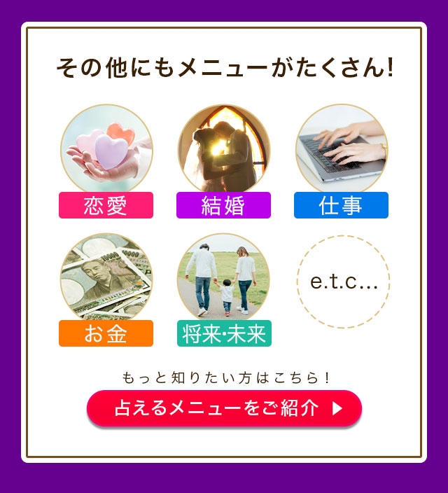 その他にもメニューがたくさん！ 恋愛 結婚 仕事 お金 将来・未来 etc... もっと知りたい方はこちら！